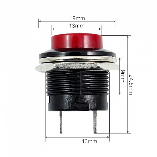 R13-507 16MM 2 Pin Self-Reset Round Cap Push Button Switch - Red R13-507 16MM 2 Pin Self-Reset Round Cap Push Button Switch - Red